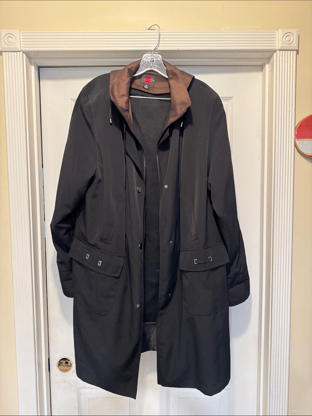 Gallery Black Trench Coat with Brown Collar